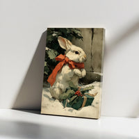 Vintage White Rabbit Holiday Wall Art, Christmas Bunny Canvas, Red Bow Holly Bunny Print, Winter Bunny Canvas Art, Rabbit Lover Present