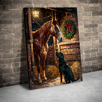 Snowy Winter Barn Stable Print, Christmas Horse and Black Lab Canvas Art, Rustic Holiday Wall Decor, Dog Lover Present, Digital Download