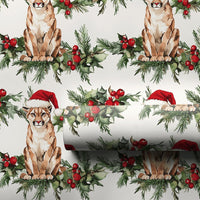 Santa Hat Mountain Lion Gift Wrap, Cougar Christmas Wrapping Paper, Holiday Cougar Paper Roll, Festive Wildlife Cougar Present Wrap