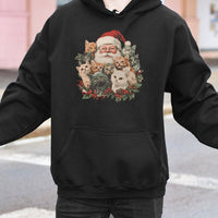 Retro Cat Lover Xmas Hooded Sweatshirt, Santa Claus and Kittens Christmas Hoodie, Comfy Holiday Cat Mom Pullover, Festive Winter Sweater