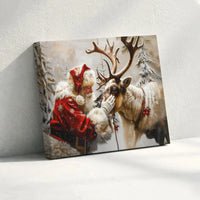 Snowy Forest Christmas Canvas Print, Santa Claus Reindeer Canvas Wall Art, Holiday Santa Canvas Art, Vintage Winter Wall Decor Present
