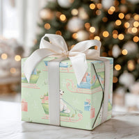 Adorable Puppy Christmas Gift Wrap, Watercolor Dog Sleigh Wrapping Paper, Mint Holiday Dog Wrapping Paper, Winter Pet Lover Present Packaging Roll