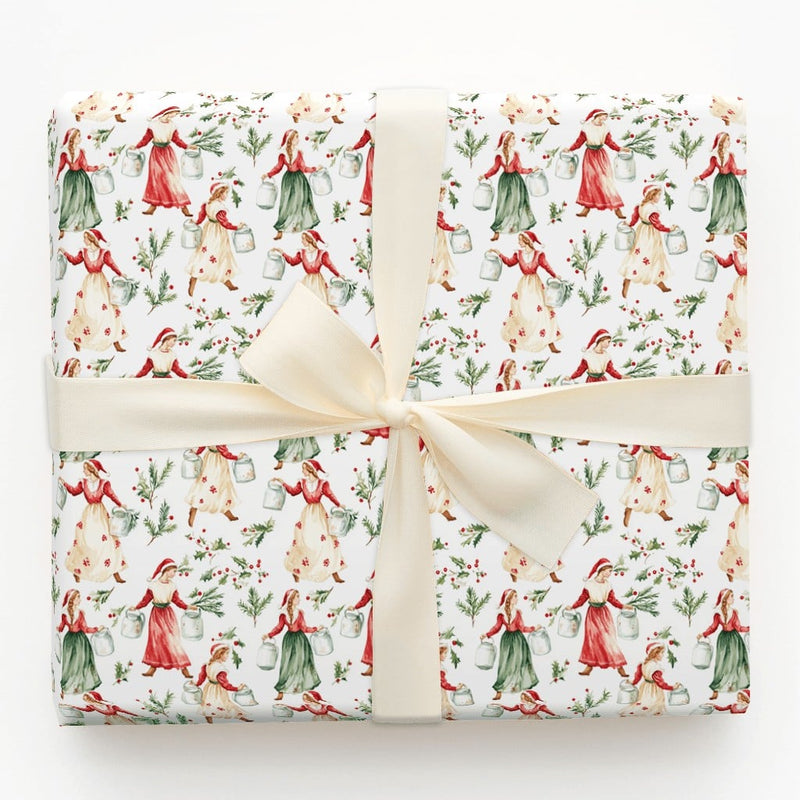 Twelve Days of Christmas Gift Wrap, Eight Maids a-Milking Wrapping Paper, Vintage Carol Holiday Wrapping Paper, Rustic Folk Art Gift Wrap