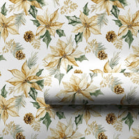 Floral Holiday Gift Wrap Roll, Golden Poinsettia Christmas Wrapping Paper, Pinecone Botanical Wrap, Traditional Xmas Present Paper