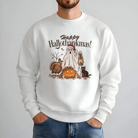 Humorous Ghost Santa Hat Crewneck, Happy Hallothankmas Sweatshirt, Halloween Thanksgiving Sweater, Spooky Christmas Pullover, Fall Winter Present