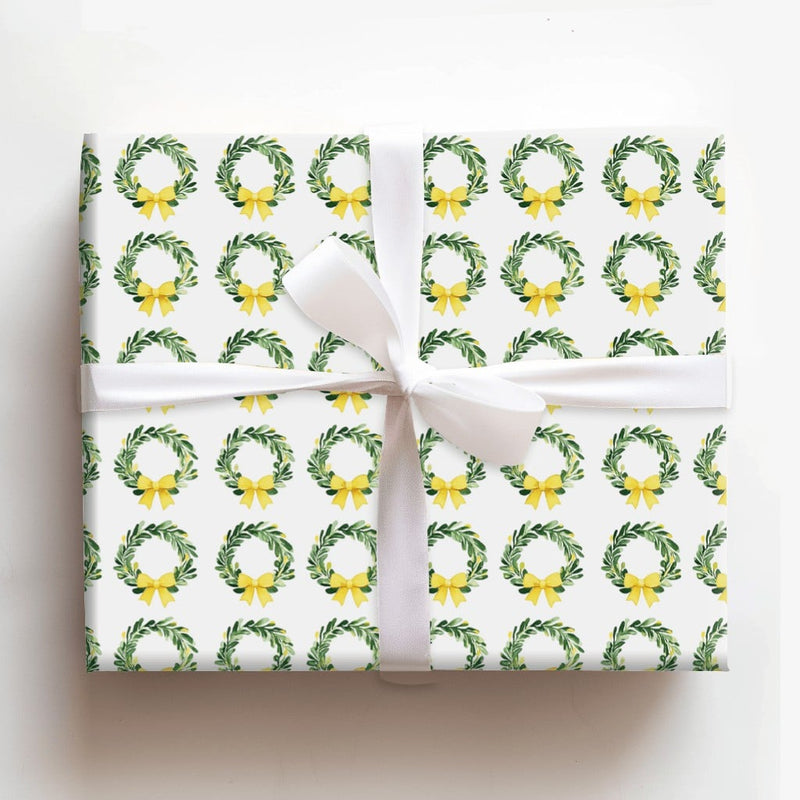 Yellow Bow Holiday Gift Wrap, Green Wreath Christmas Wrapping Paper, Watercolor Botanical Wrapping Paper, Birthday Party Gift Wrap Roll