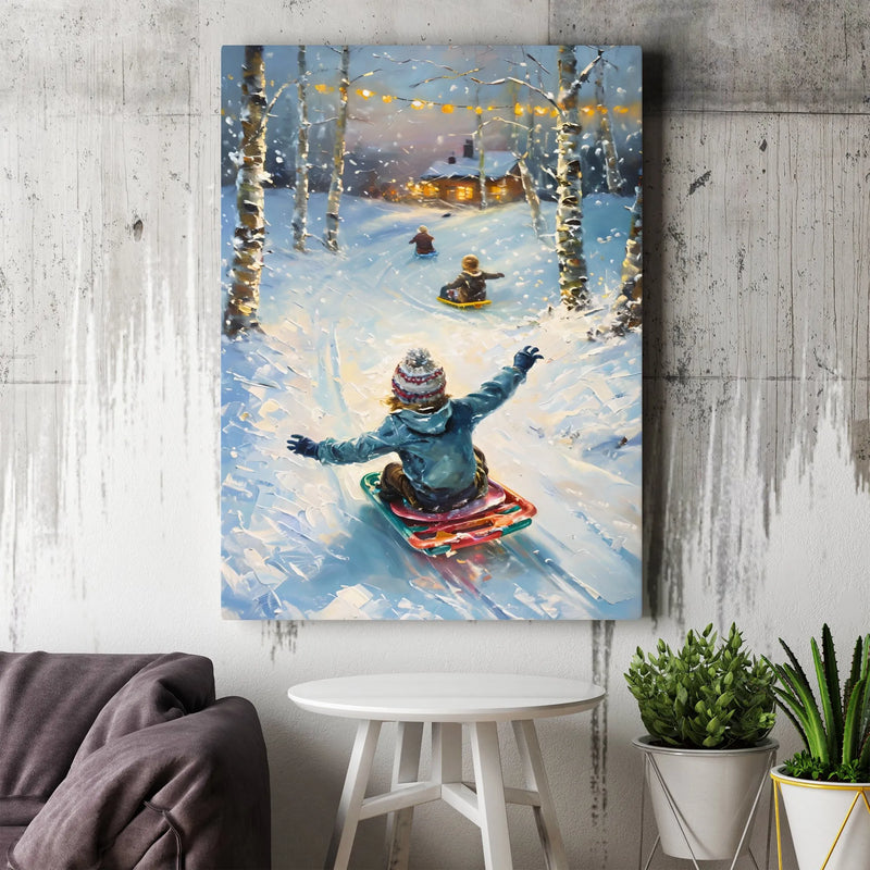 Snowy Birch Forest Landscape Print, Winter Sledding Canvas Wall Art, Holiday Christmas Scene Poster, Festive Digital Download Decor