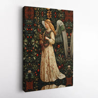 Arts and Crafts Foliage Canvas Print, Christmas Angel Canvas Art, Vintage Holiday Angel Wall Art, Festive Botanical Canvas Wall Decor Present