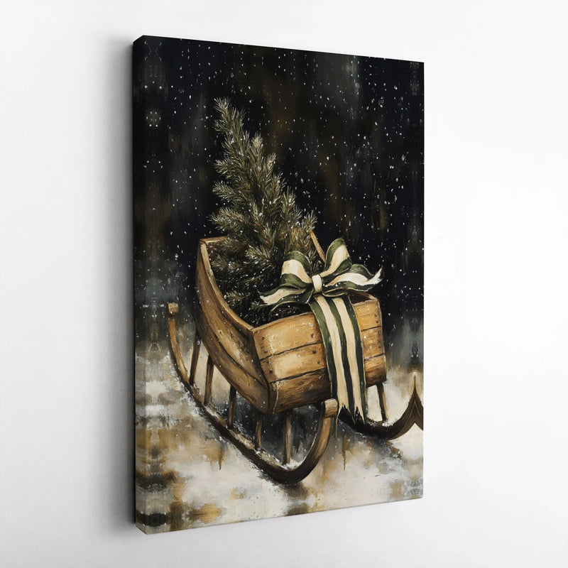 Vintage Wooden Sled Canvas, Rustic Christmas Sleigh Wall Art, Snowy Pine Tree Wall Art, Farmhouse Holiday Wall Art, Digital Download