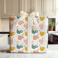 Marshmallow Mug Holiday Gift Wrap, Hot Cocoa Christmas Wrapping Paper, Adorable Candy Cane Wrapping Paper, Comfy Winter Holiday Gift Wrap Roll