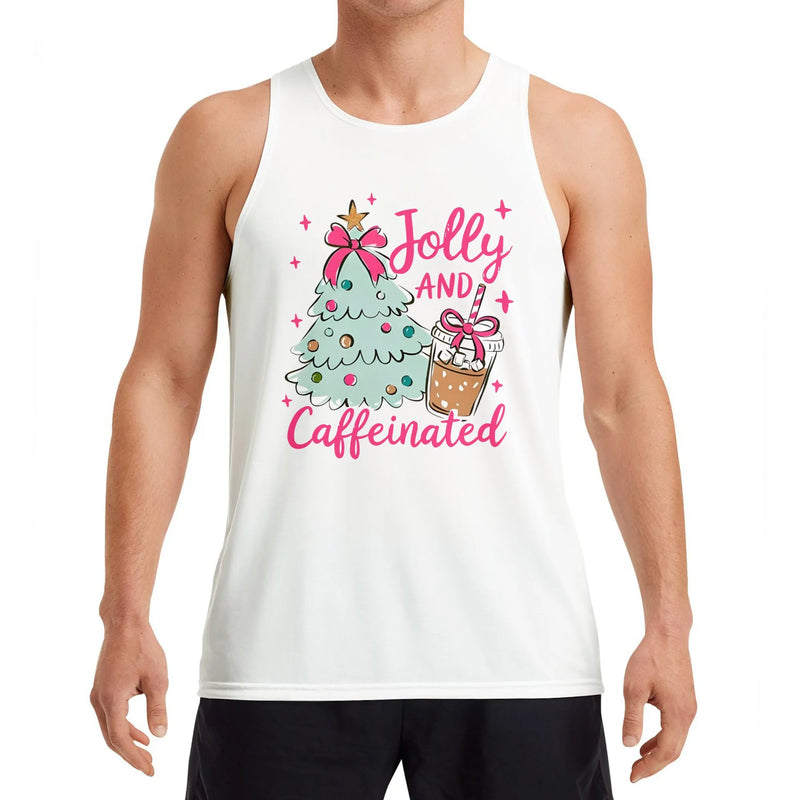 Christmas Coffee Tank, Jolly and Caffeinated Tank Top, Retro Holiday Tree Sleeveless Tee, Caffeinated Christmas Tank Top, Xmas Present