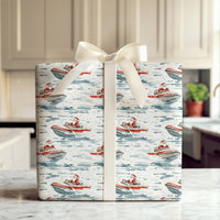 Coastal Watercolor Holiday Gift Wrap, Jet Ski Santa Christmas Wrapping Paper, Ocean Santa Wrapping Paper, Beach Lover Christmas Gift Wrap