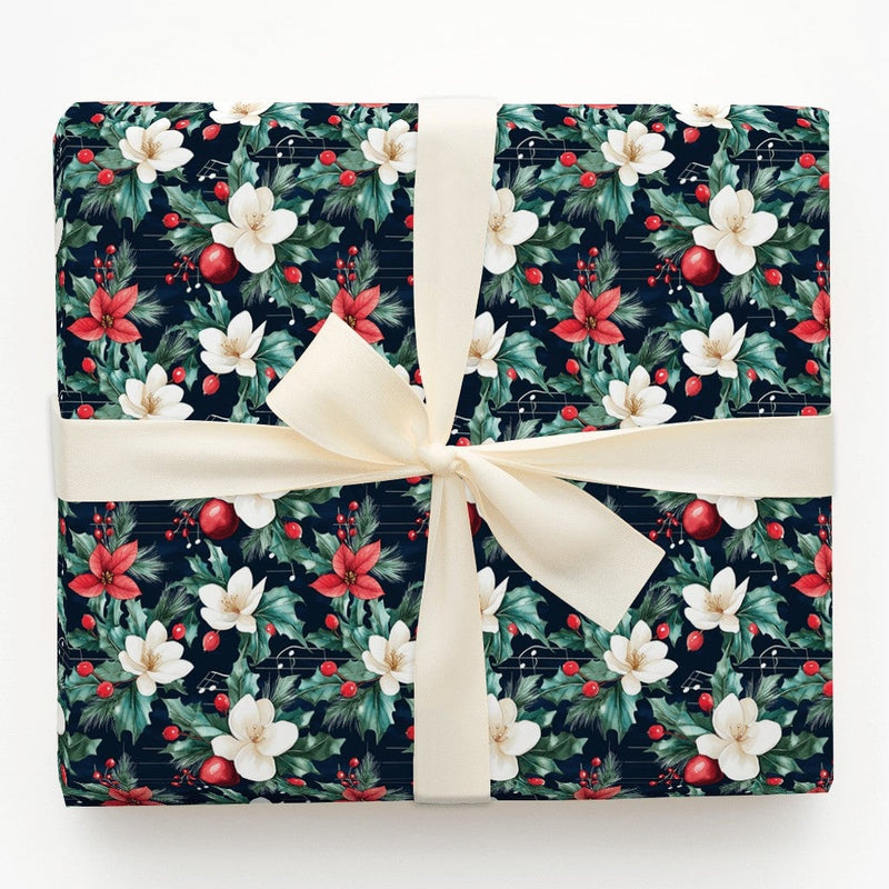 Christmas Floral Gift Wrap, Poinsettia Music Notes Wrapping Paper, Navy Holiday Magnolia Wrapping Paper, Musician Xmas Gift Wrap Roll