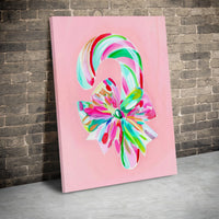 Painted Christmas Bow Canvas Decor, Pink Candy Cane Canvas Wall Art, Festive Holiday Wall Print, Digital Download Xmas Artwork