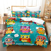 Festive Winter Bird Bedding Set, Christmas Owl Duvet Cover Set, 3D Holiday Quilt Cover, Merry Xmas Comforter Cover, Kids Room Present