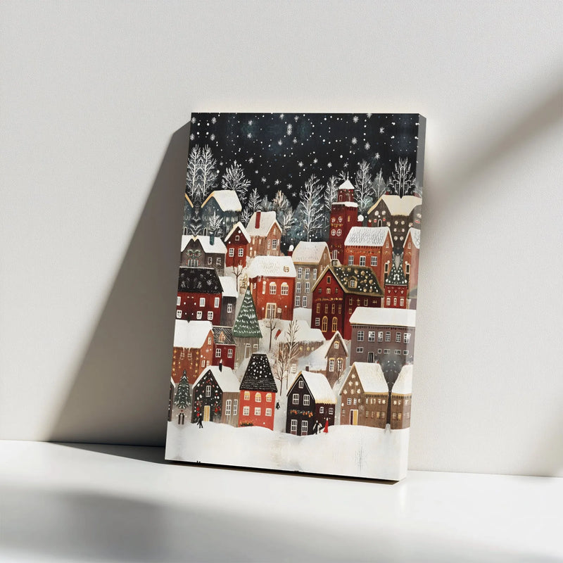 Winter Night Town Scene Print, Snowy Christmas Village Canvas Wall Art, Comfy Holiday Decor, Xmas Art, Digital Download