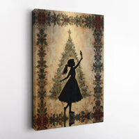 Vintage Girl Tree Canvas Print, Nutcracker Christmas Canvas Art, Festive Silhouette Canvas Decor, Christmas Wall Art, Holiday Canvas Art