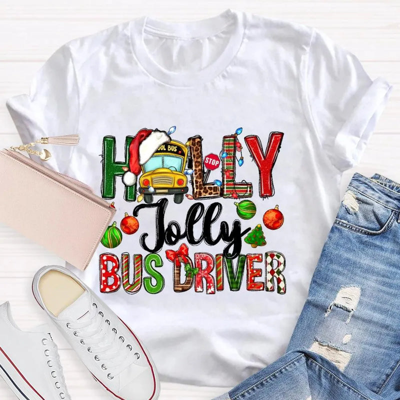 Festive Christmas Graphic Tee, Holly Jolly Bus Driver Shirt, Adorable School Bus Driver T-Shirt, Holiday Season Driver Shirt, Christmas Present
