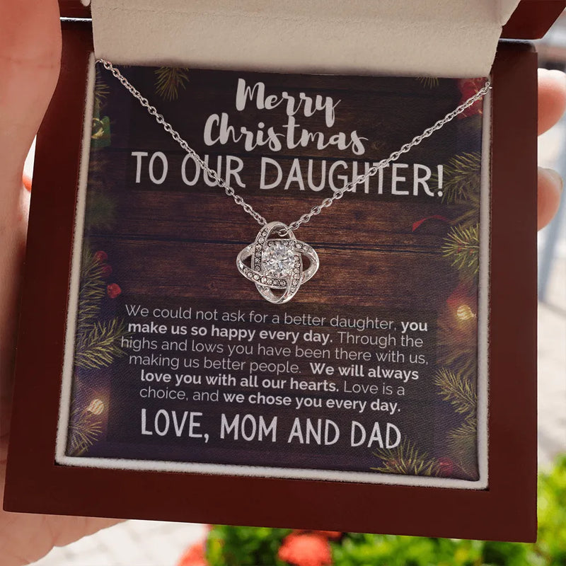 14k White Gold Over Steel Pendant, Daughter Christmas Love Knot Necklace, Holiday Daughter Necklace from Mom and Dad, Christmas Keepsake