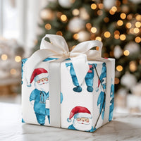 Nurse Scrubs Christmas Gift Wrap, Doctor Santa Wrapping Paper, Watercolor Medical Santa Wrapping Paper, Healthcare Worker Holiday Gift Wrap