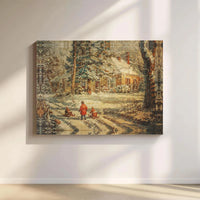 Children Sledding Cottage Art, Vintage Winter Scene Canvas Print, Nostalgic Snowy Landscape Wall Decor, Christmas Holiday Home Present