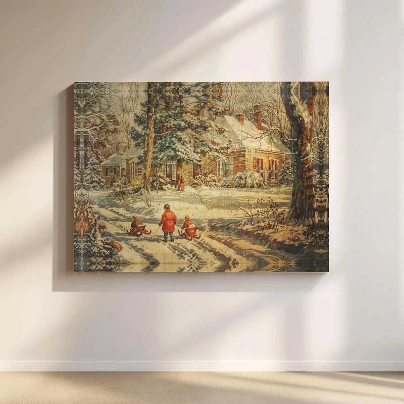 Children Sledding Cottage Art, Vintage Winter Scene Canvas Print, Nostalgic Snowy Landscape Wall Decor, Christmas Holiday Home Present