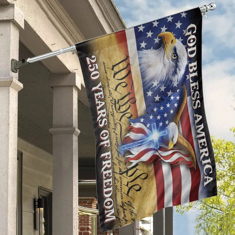 Patriotic American Eagle House Flag | God Bless America with Christian Cross | Weather-Resistant Polyester | 250 Years of Freedom Commemorative Gift