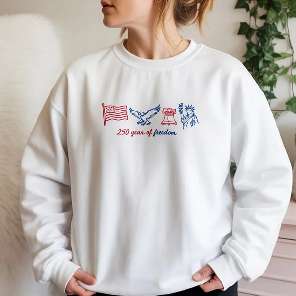 250 Years of Freedom Sweatshirt | USA Icons Eagle Liberty Bell Flag Design | Soft Cotton Blend | Patriotic 4th of July Gift