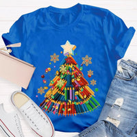 Crayon Christmas Tree Shirt, Art Teacher Christmas T-Shirt, Colorful Art Educator Holiday Graphic Tee, Snowflakes Lights Teacher Present