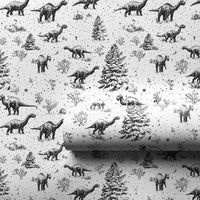 Black and White Winter Dino Gift Wrap, Dinosaur Christmas Wrapping Paper, Snowy Pine Tree Wrapping Paper, Kids Holiday Gift Wrap Roll