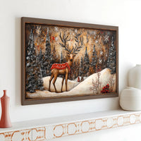 Snowy Christmas Landscape Canvas, Reindeer Winter Forest Wall Art, Rustic Holiday Wall Art, Farmhouse Xmas Print, Digital Download Art