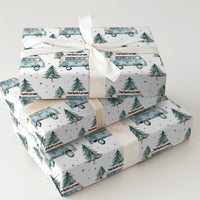 Retro Camper Van Gift Wrap, Vintage Blue Camper Wrapping Paper, Winter Pine Tree Camper Paper Roll, Christmas Travel Gift Wrapping Paper