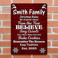 Custom Holiday Family Metal Sign, Personalized Christmas Rules Metal Sign, Winter Farmhouse Decor, Xmas Living Room Art
