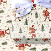 Winter Forest Christmas Gift Wrap, Hiking Santa Wrapping Paper, Watercolor Backpacking Santa Present Paper