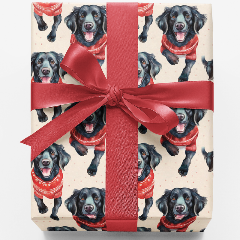 Dog in Sweater Gift Wrap, Flat-Coated Retriever Christmas Wrapping Paper, Watercolor Dog Present Paper, Festive Dog Lover Wrapping Paper