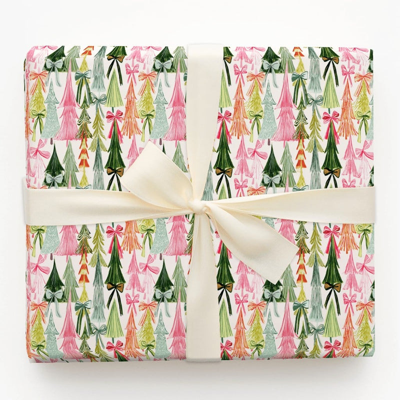 Whimsical Bow Tree Gift Wrap, Colorful Christmas Tree Wrapping Paper, Pink Orange Holiday Present Paper, Modern Christmas Gift Wrapping Paper