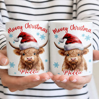 Watercolor Cow in Santa Hat Coffee Mug, Personalized Highland Cow Christmas Mug, Custom Name Holiday Ceramic Mug, Xmas Coffee Cup