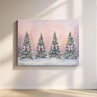 Snowy Holiday Landscape Canvas Print, Pink Bow Christmas Tree Canvas Art, Festive Xmas Tree Canvas Wall Art, Comfy Winter Canvas Decor