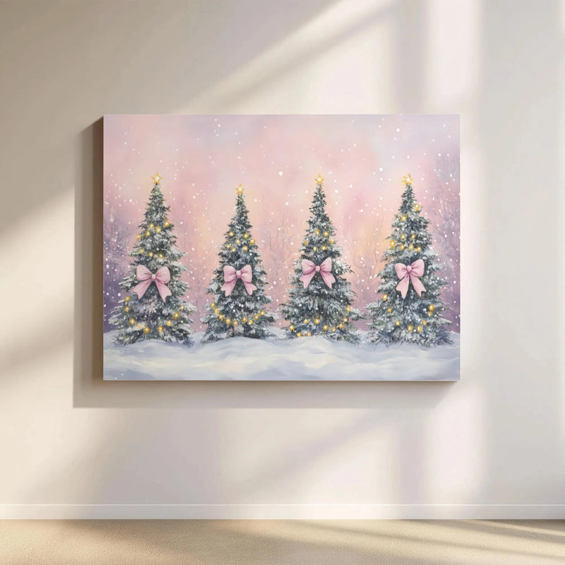 Snowy Holiday Landscape Canvas Print, Pink Bow Christmas Tree Canvas Art, Festive Xmas Tree Canvas Wall Art, Comfy Winter Canvas Decor