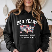 250 Years Semiquincentennial Hoodie | Vintage USA State Patchwork Map Design | Soft Cotton-Polyester Blend | Patriotic Gift for History Lovers