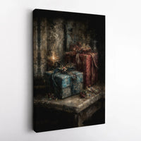 Vintage Oil Candlelight Present Print, Christmas Still Life Canvas Wall Art, Festive Holiday Canvas Art, Digital Download Decor