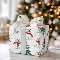 Winter Puppy Holiday Wrapping Paper, Maltese Dog Christmas Wrapping Paper, Snowy Tree Dog Wrapping Paper, Festive Pet Lover Gift Wrap Roll
