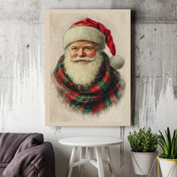 Vintage Santa Claus Canvas Print, Santa Claus Canvas Wall Art, Plaid Scarf Christmas Canvas, Holiday Wall Art, Festive Home Decor Present