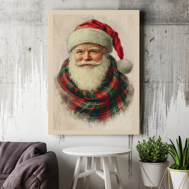 Traditional Plaid Scarf Santa Portrait Canvas Print, Vintage Santa Claus Canvas Art, Christmas Wall Decor, Printable Digital Download Present