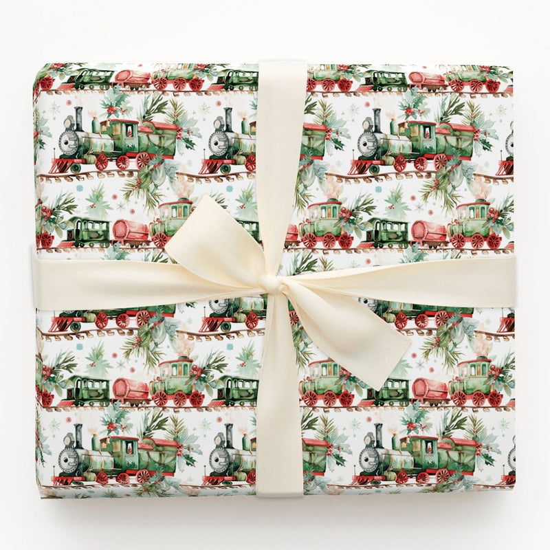 Vintage Steam Engine Gift Wrap, Christmas Train Wrapping Paper, Holiday Locomotive Gift Wrapping Paper, Festive Winter Present Wrap Roll