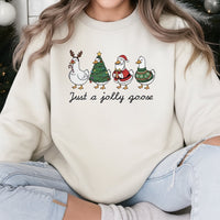 Humorous Christmas Goose Holiday Graphic Sweater, Just A Jolly Goose Sweatshirt, Adorable Winter Animal Pullover, Festive Farm Bird Crewneck