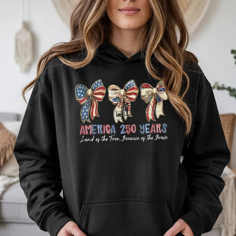 America 250 Years Patriotic Bow Hoodie | Vintage Stars & Stripes Ribbon Art | Premium Cotton-Polyester Blend | Gift for Americana Fans