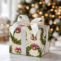 Vintage Christmas Gift Wrap, Holly Wreath Wrapping Paper, Gold Bells Holiday Wrapping Paper, Pink Bow Christmas Gift Wrap Roll