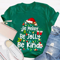 Santa Hat Fairy Lights Graphic Tee, Be Merry Be Jolly Be Kind Christmas T-Shirt, Holiday Family Shirt, Xmas Party Top
