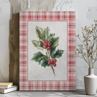 Botanical Red Plaid Watercolor Print, Christmas Holly Canvas Wall Art, Farmhouse Holiday Wall Decor, Digital Download Poster